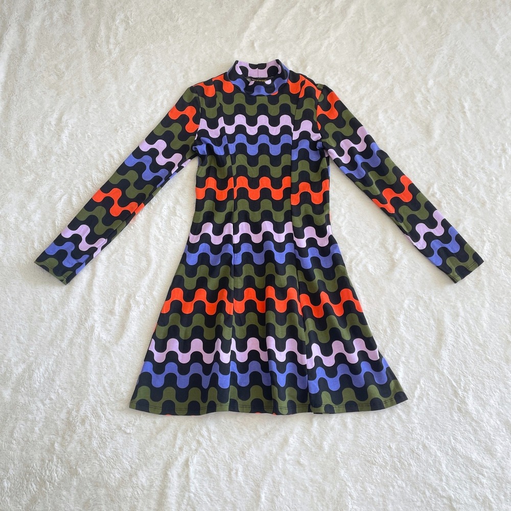 Nooworks Tonya Mock Neck Long Sleeve Mini Dress Multicolor Wavy Stripe Size XS